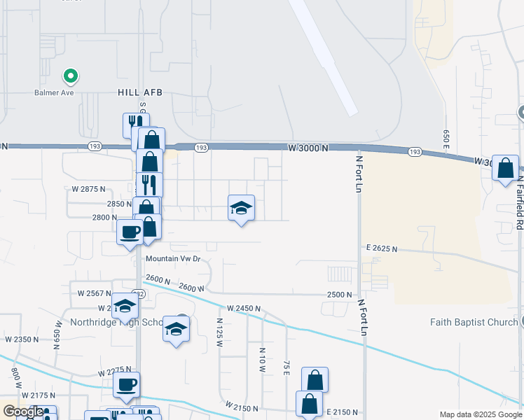 map of restaurants, bars, coffee shops, grocery stores, and more near 265 Mindella Way in Layton