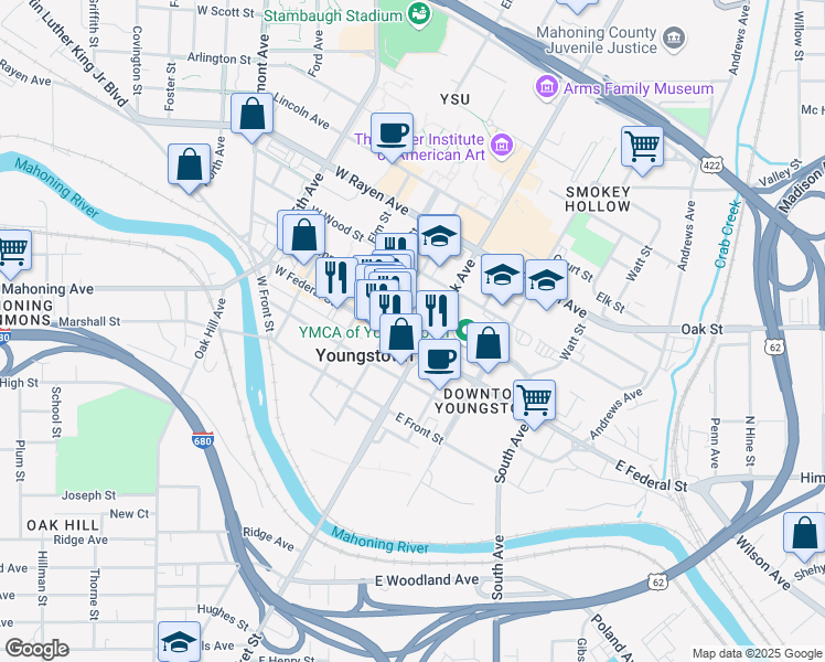 map of restaurants, bars, coffee shops, grocery stores, and more near 6 West Federal Street in Youngstown