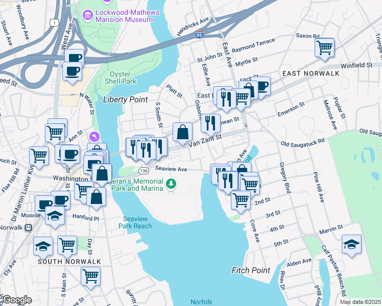 map of restaurants, bars, coffee shops, grocery stores, and more near 20 Betts Place in Norwalk