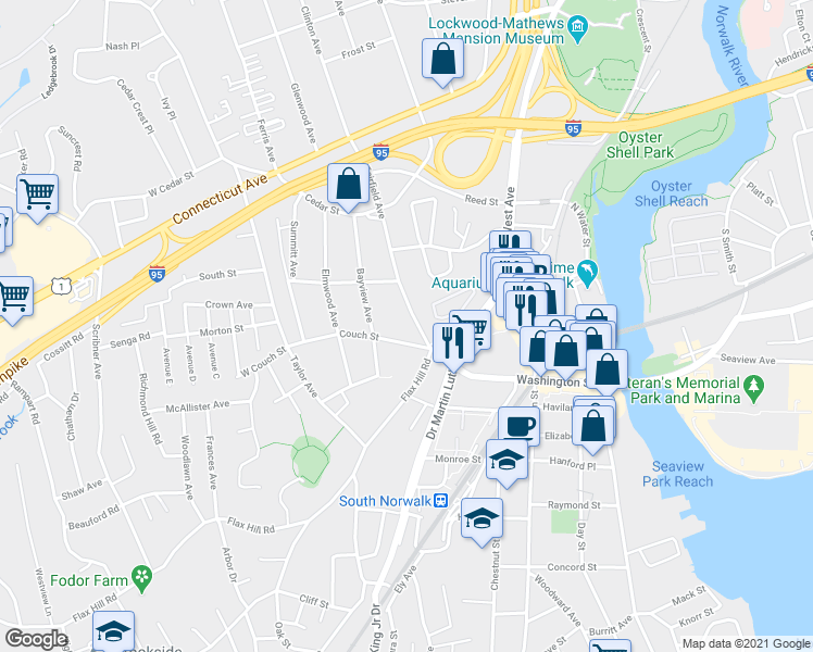 map of restaurants, bars, coffee shops, grocery stores, and more near in Norwalk