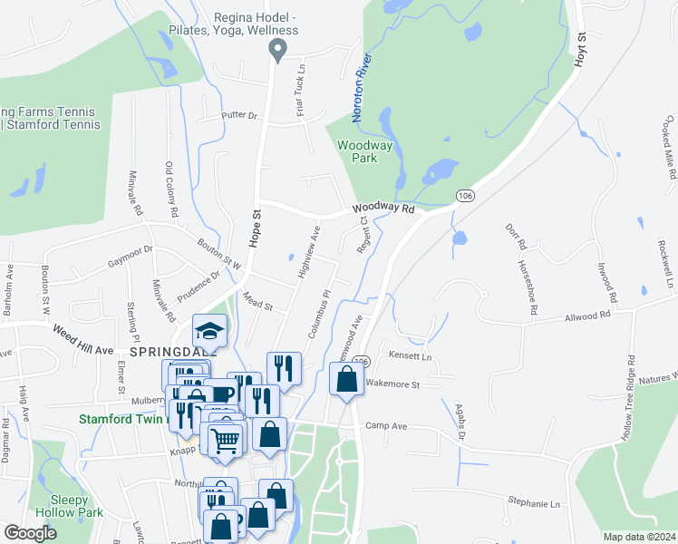 map of restaurants, bars, coffee shops, grocery stores, and more near 21 River Place in Stamford