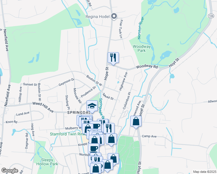 map of restaurants, bars, coffee shops, grocery stores, and more near 10 Mead Street in Stamford