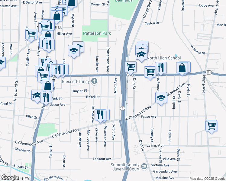 map of restaurants, bars, coffee shops, grocery stores, and more near 399 East York Street in Akron