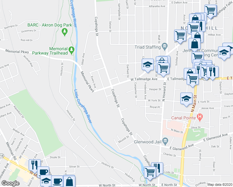 map of restaurants, bars, coffee shops, grocery stores, and more near 348 Cuyahoga Street in Akron