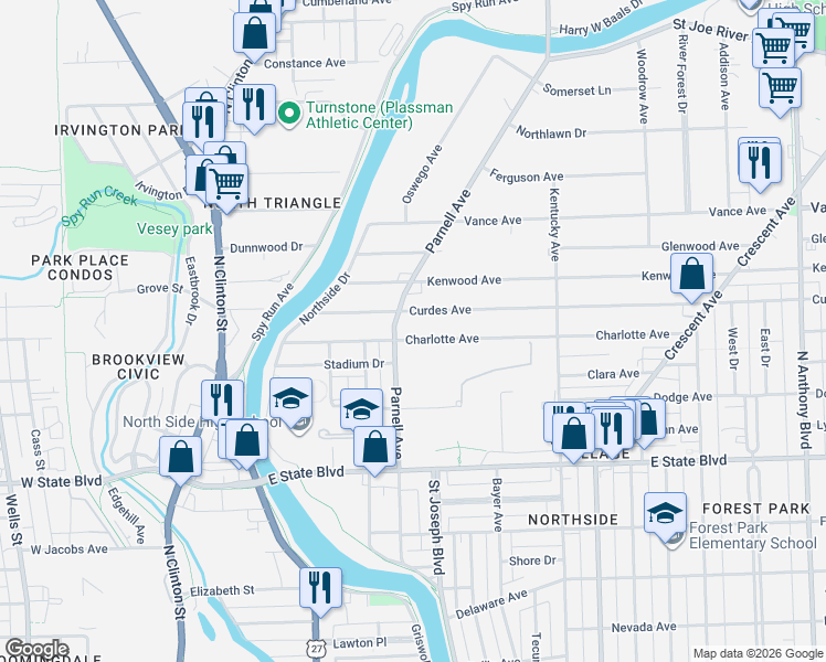 map of restaurants, bars, coffee shops, grocery stores, and more near 700-1098 Charlotte Avenue in Fort Wayne
