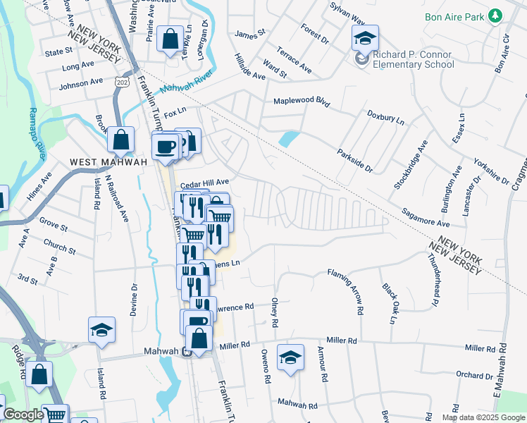 map of restaurants, bars, coffee shops, grocery stores, and more near 2055 Charles Court in Mahwah