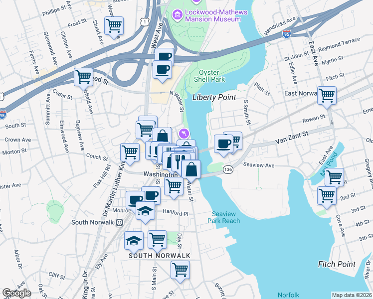 map of restaurants, bars, coffee shops, grocery stores, and more near 10 North Water Street in Norwalk