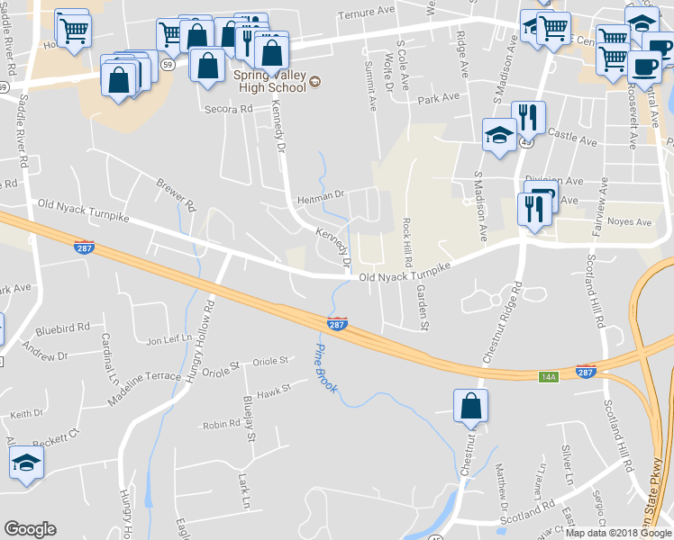 map of restaurants, bars, coffee shops, grocery stores, and more near 9 Alan Road in Spring Valley