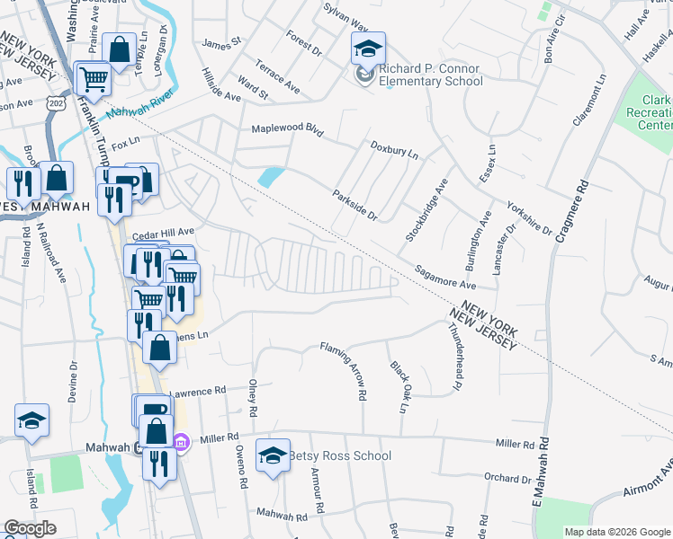 map of restaurants, bars, coffee shops, grocery stores, and more near 2316 Oakham Court in Mahwah