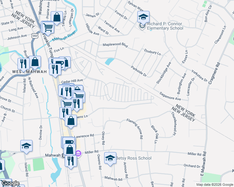 map of restaurants, bars, coffee shops, grocery stores, and more near 2223 Lancaster Court in Mahwah