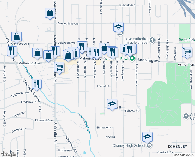 map of restaurants, bars, coffee shops, grocery stores, and more near 127 South Bon Air Avenue in Youngstown