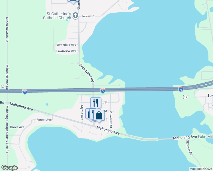 map of restaurants, bars, coffee shops, grocery stores, and more near 17621 Milton Avenue in Lake Milton