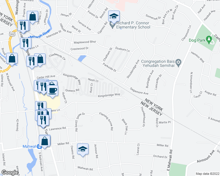 map of restaurants, bars, coffee shops, grocery stores, and more near 2368 Phillip Court in Mahwah