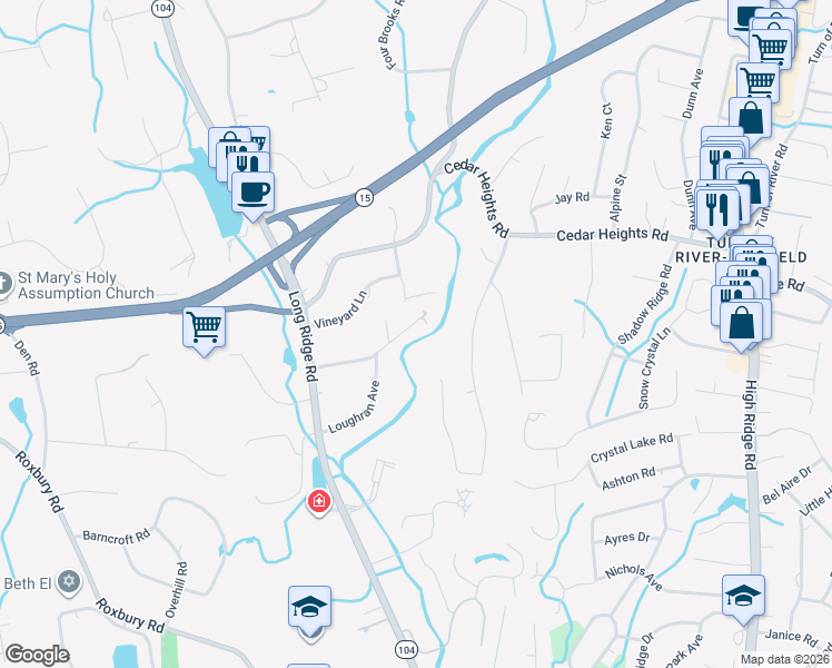 map of restaurants, bars, coffee shops, grocery stores, and more near 93 Arden Lane in Stamford