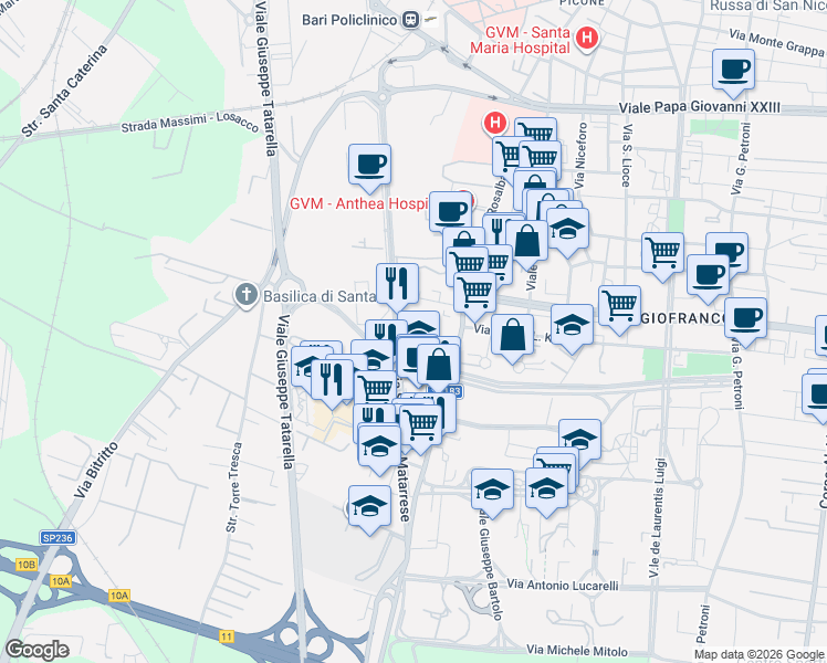 map of restaurants, bars, coffee shops, grocery stores, and more near 41 Via Salvatore Matarrese in Bari