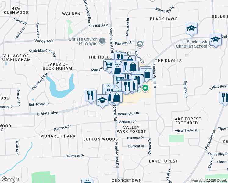 map of restaurants, bars, coffee shops, grocery stores, and more near 2439-2599 Maplecrest Rd in Fort Wayne