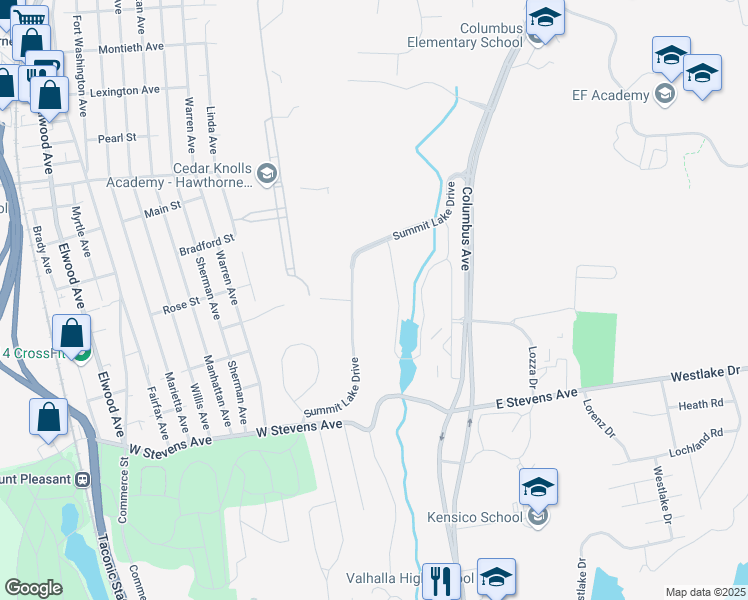 map of restaurants, bars, coffee shops, grocery stores, and more near 500 Summit Lake Drive in Valhalla