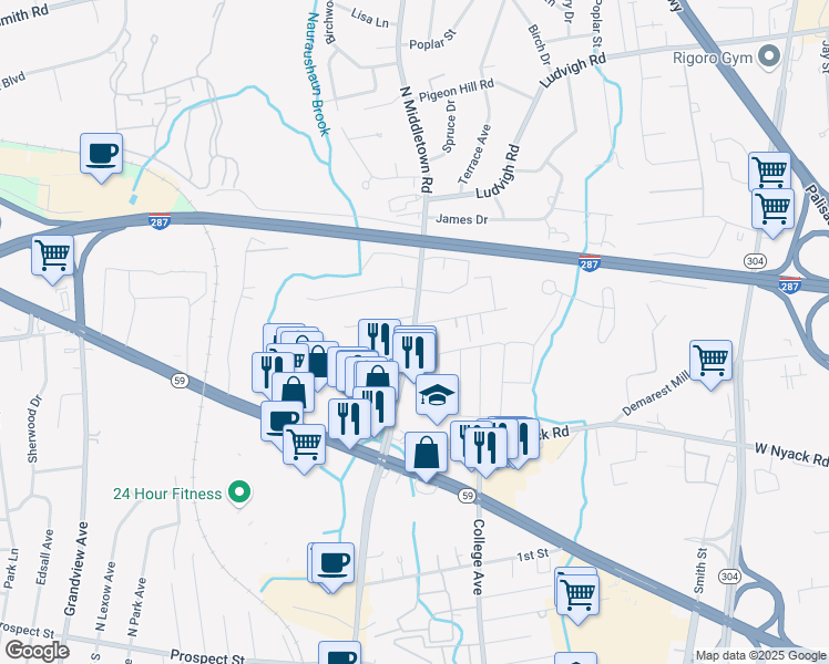 map of restaurants, bars, coffee shops, grocery stores, and more near 55 North Middletown Road in Nanuet