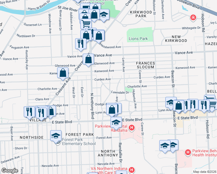 map of restaurants, bars, coffee shops, grocery stores, and more near 1940 Lawndale Drive in Fort Wayne