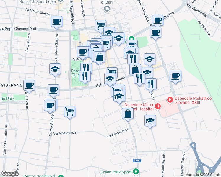 map of restaurants, bars, coffee shops, grocery stores, and more near 245 Via G. Fanelli in Bari