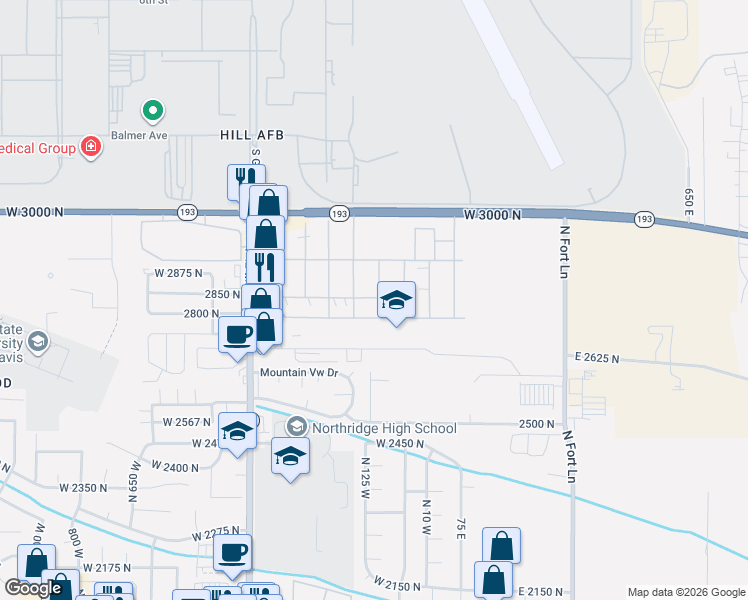 map of restaurants, bars, coffee shops, grocery stores, and more near 26 Lakeview Drive in Layton