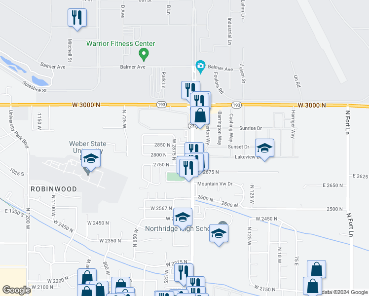map of restaurants, bars, coffee shops, grocery stores, and more near 2704 North Hill Field Road in Layton