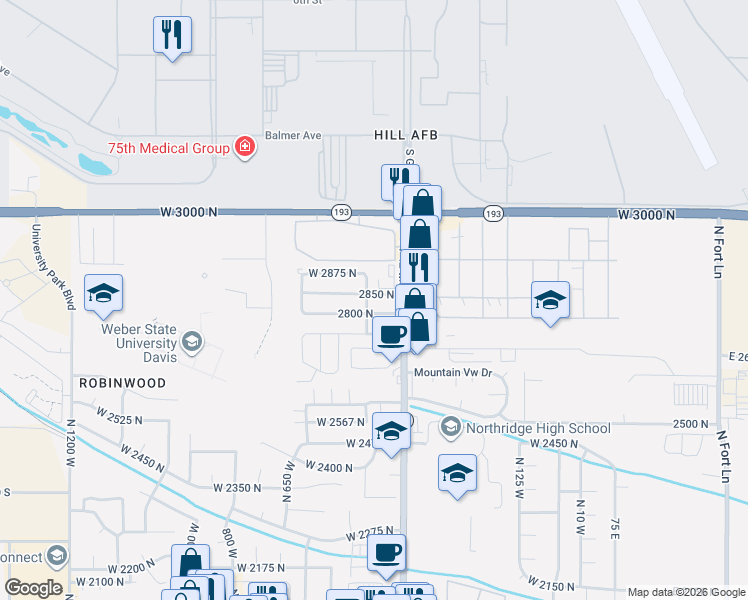 map of restaurants, bars, coffee shops, grocery stores, and more near 50 North 490 West in Layton