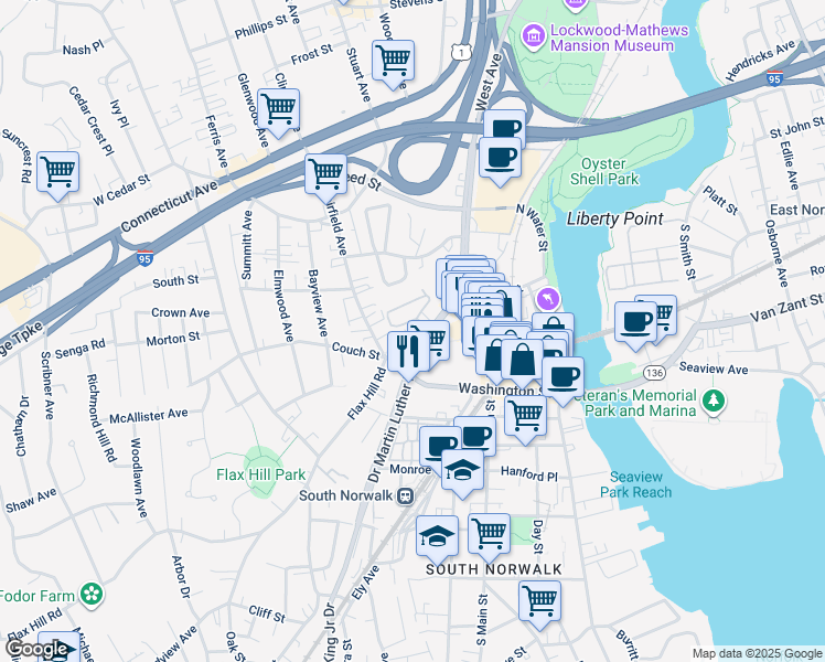 map of restaurants, bars, coffee shops, grocery stores, and more near 50 Doctor Martin Luther King Junior Drive in Norwalk