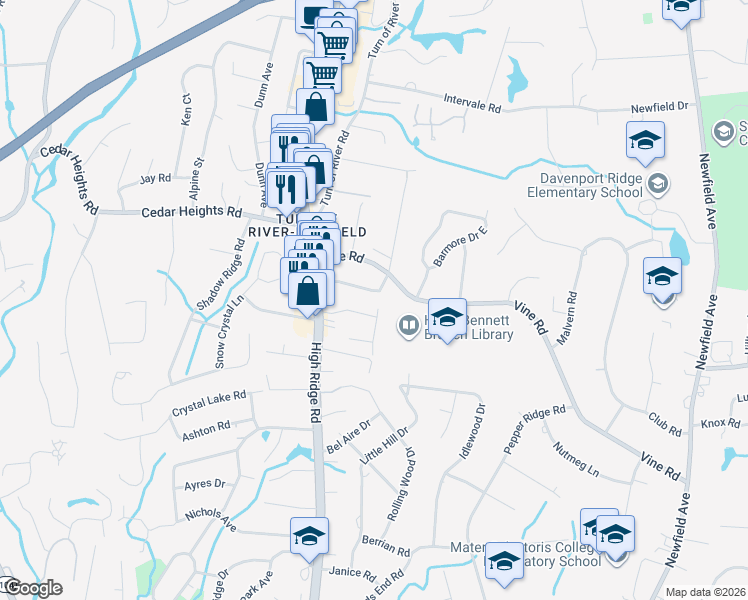 map of restaurants, bars, coffee shops, grocery stores, and more near 40 Vine Place in Stamford