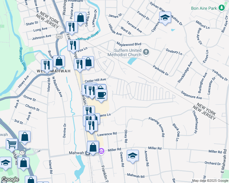 map of restaurants, bars, coffee shops, grocery stores, and more near 130 Arthur Court in Mahwah
