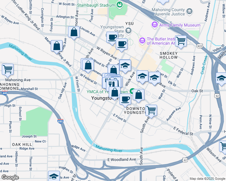 map of restaurants, bars, coffee shops, grocery stores, and more near 17 South Phelps Street in Youngstown