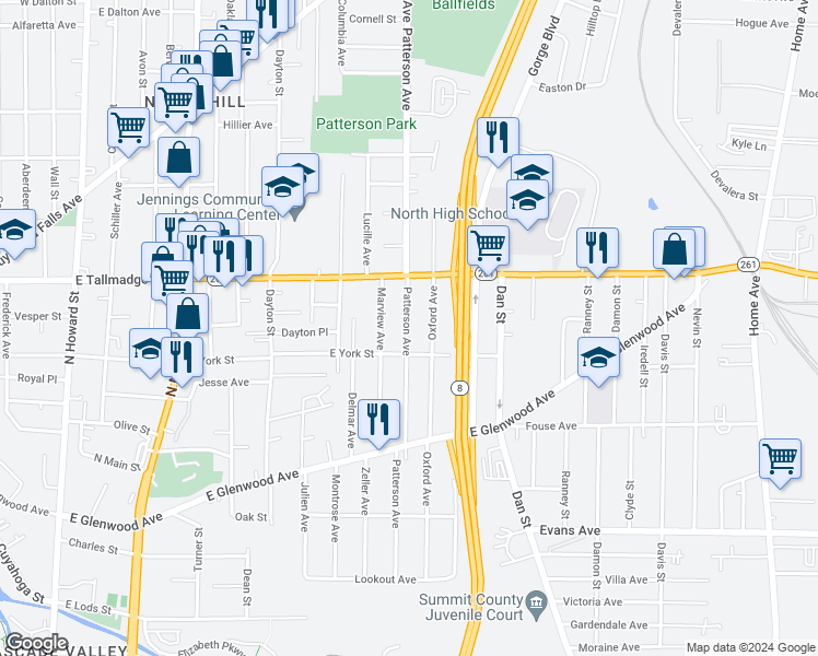 map of restaurants, bars, coffee shops, grocery stores, and more near 359 East York Street in Akron