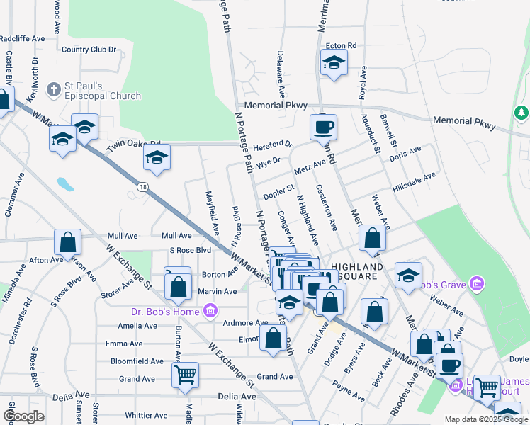 map of restaurants, bars, coffee shops, grocery stores, and more near 95 North Portage Path in Akron