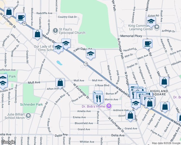 map of restaurants, bars, coffee shops, grocery stores, and more near 59 Mull Avenue in Akron