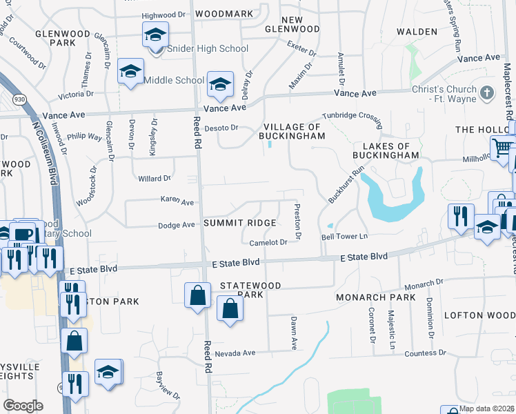map of restaurants, bars, coffee shops, grocery stores, and more near 2429 Berkley Avenue in Fort Wayne