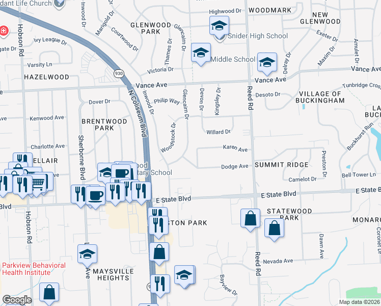 map of restaurants, bars, coffee shops, grocery stores, and more near 4327 Dodge Avenue in Fort Wayne