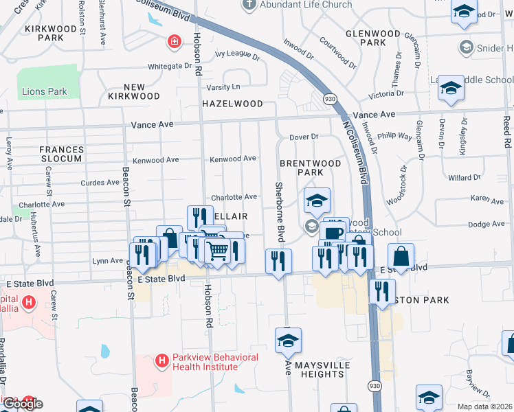 map of restaurants, bars, coffee shops, grocery stores, and more near 2522 Barnhart Avenue in Fort Wayne