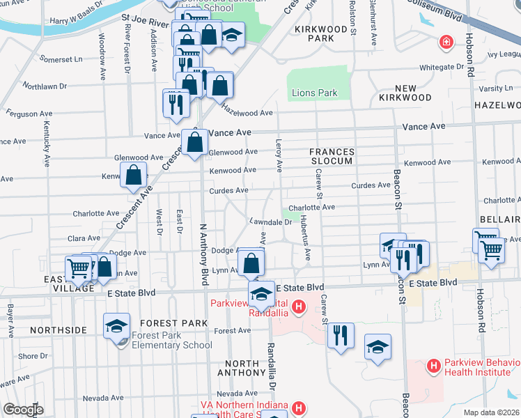 map of restaurants, bars, coffee shops, grocery stores, and more near 2108 Lawndale Drive in Fort Wayne