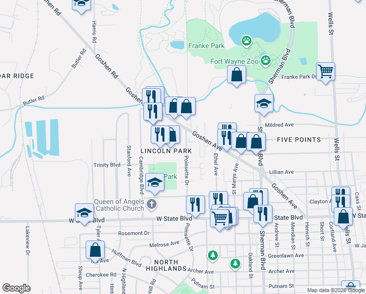 map of restaurants, bars, coffee shops, grocery stores, and more near 2717 Poinsette Drive in Fort Wayne