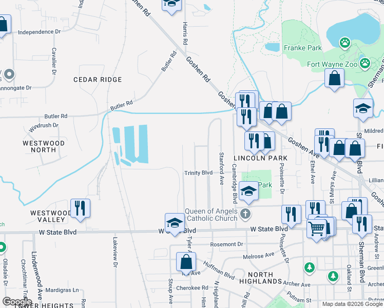 map of restaurants, bars, coffee shops, grocery stores, and more near 2704 Tyler Ave in Fort Wayne