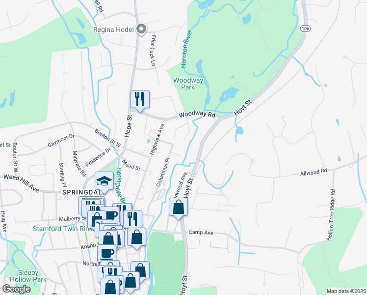 map of restaurants, bars, coffee shops, grocery stores, and more near 21 River Place in Stamford