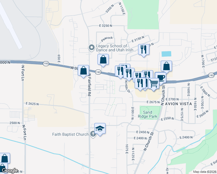 map of restaurants, bars, coffee shops, grocery stores, and more near 2750 North Fairfield Road in Layton