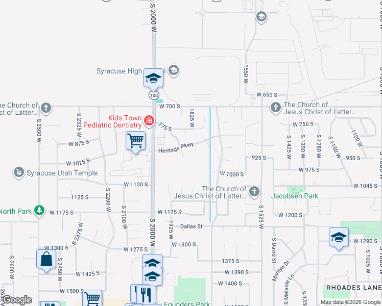 map of restaurants, bars, coffee shops, grocery stores, and more near 912 South 1875 West in Syracuse