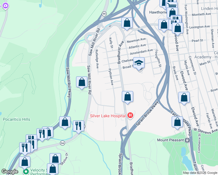 map of restaurants, bars, coffee shops, grocery stores, and more near 181 Pythian Avenue in Hawthorne
