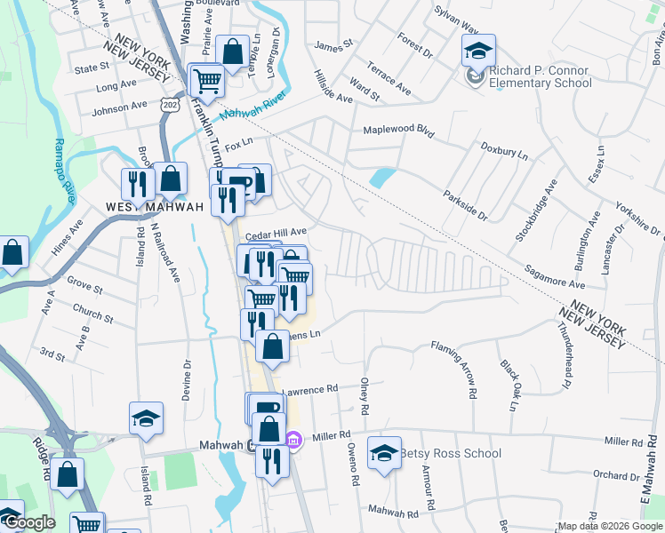 map of restaurants, bars, coffee shops, grocery stores, and more near 130 Arthur Court in Mahwah