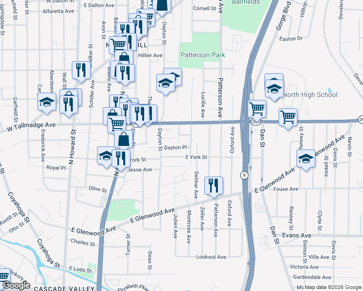 map of restaurants, bars, coffee shops, grocery stores, and more near 275 East York Street in Akron