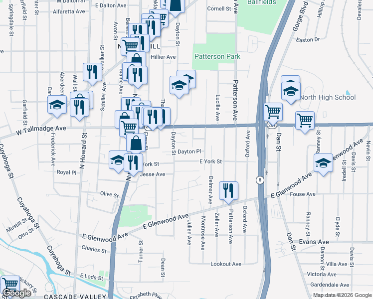 map of restaurants, bars, coffee shops, grocery stores, and more near 233 East York Street in Akron