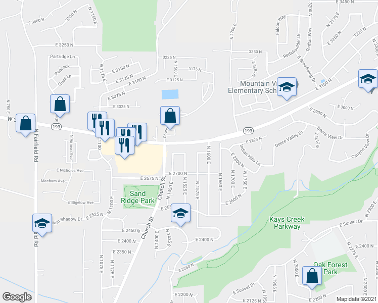 map of restaurants, bars, coffee shops, grocery stores, and more near 2798 North 1525 East in Layton
