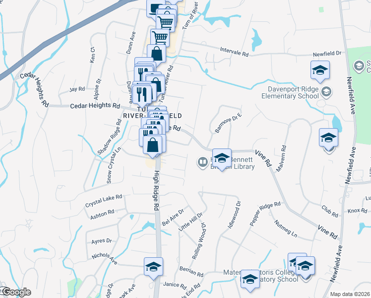 map of restaurants, bars, coffee shops, grocery stores, and more near 40 Vine Place in Stamford