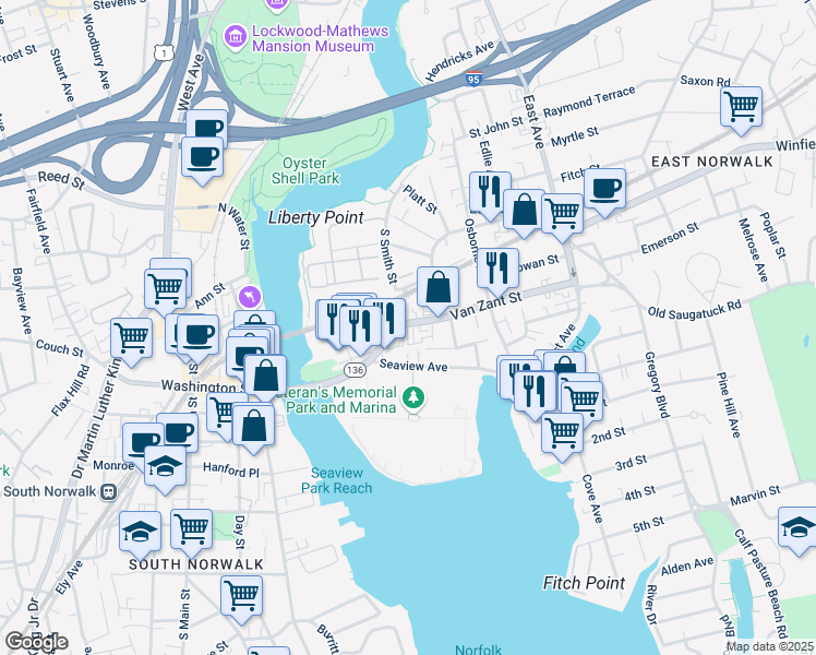 map of restaurants, bars, coffee shops, grocery stores, and more near 2 Van Zant Street in Norwalk